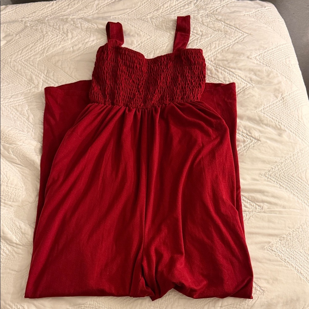 Ruched Square Neck Red Jumpsuit